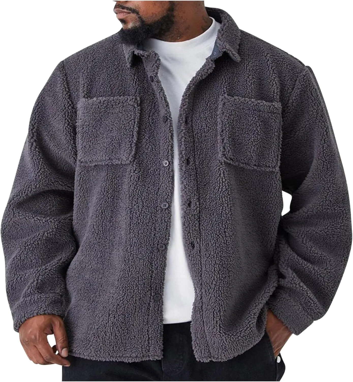 Fuzzy Jacket Men Mens Fuzzy Sherpa Jacket Fleece Long Sleeve Button Down Coat Fall Winter Warm Outwear with Pocket S-3XL