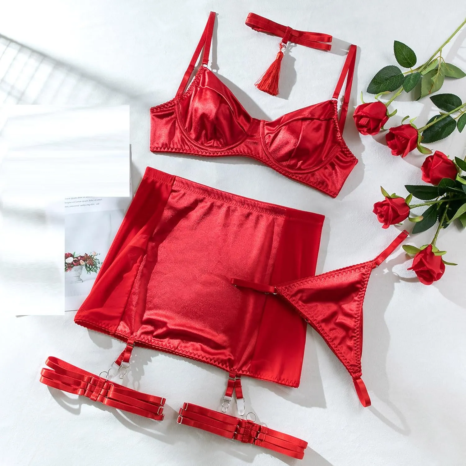 Garter Lingerie Set for Women Push Up Bralettes High Waisted Mini Skirt Thongs Lingerie Tassel Choker 4 Piece Sets