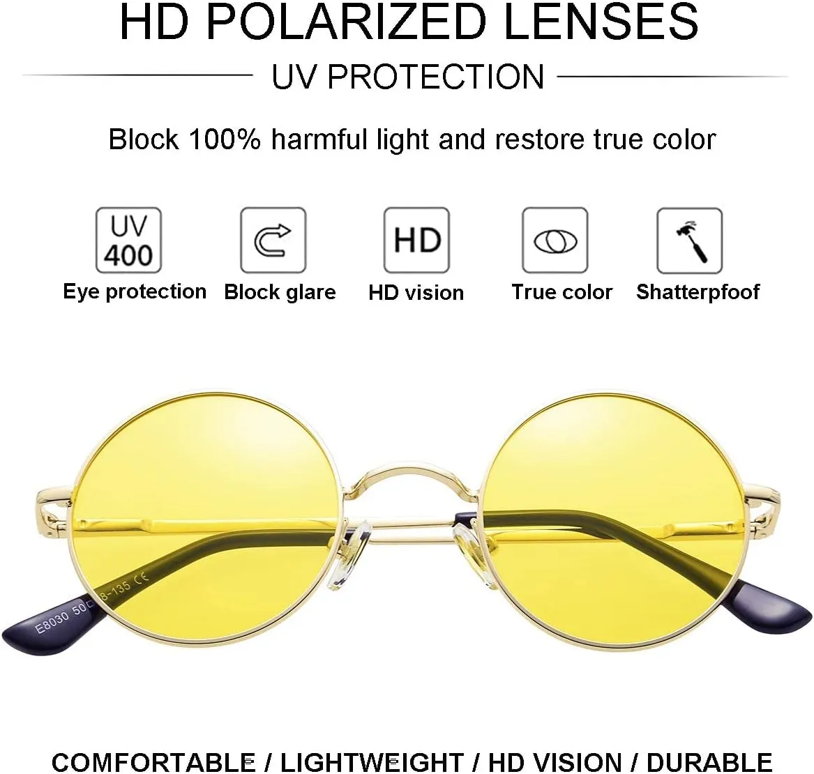 Gleyemor Polarized Round Sunglasses for Men Women Hippie Small Circle Glasses Red Yellow Lenses