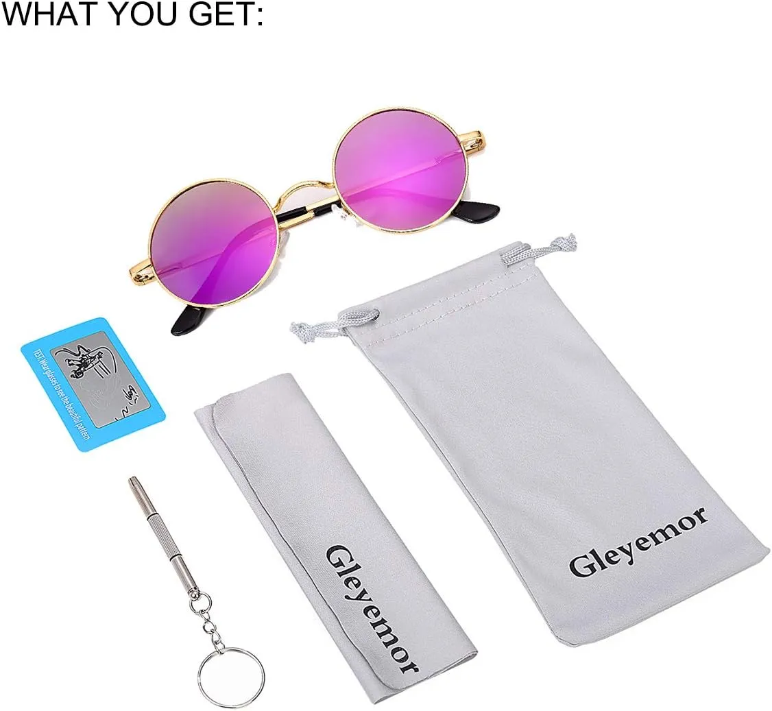 Gleyemor Polarized Round Sunglasses for Men Women Hippie Small Circle Glasses Red Yellow Lenses