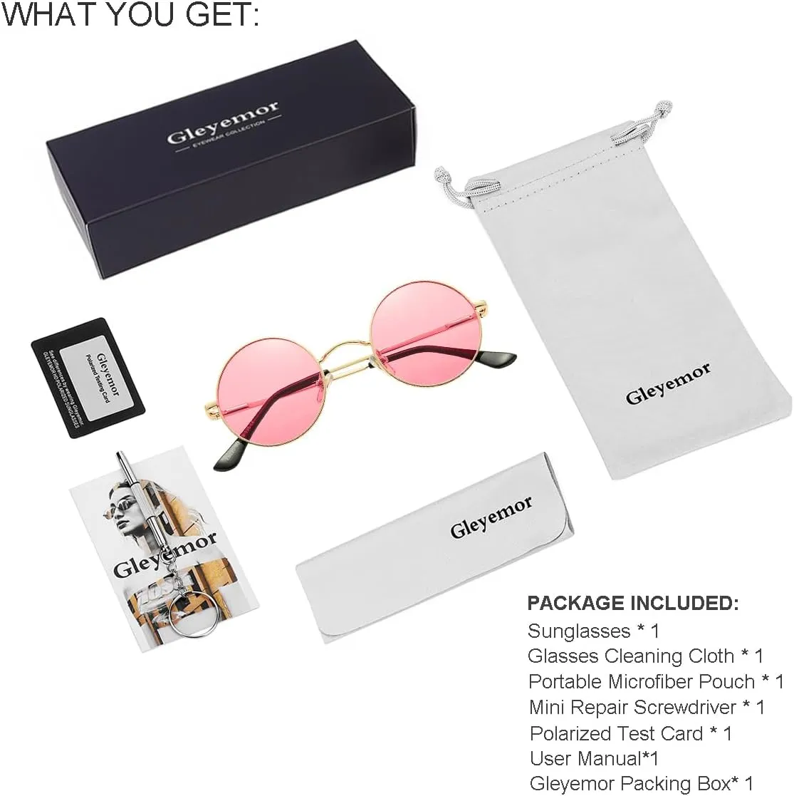 Gleyemor Polarized Round Sunglasses for Men Women Hippie Small Circle Glasses Red Yellow Lenses