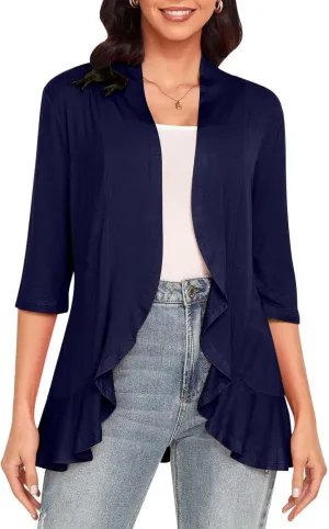 HGps8w 3/4 Sleeve Cardigan for Women Open Front Lightweight Drape Ruffles Irregular Hem Casual Solid Cover Up Going Out Tops