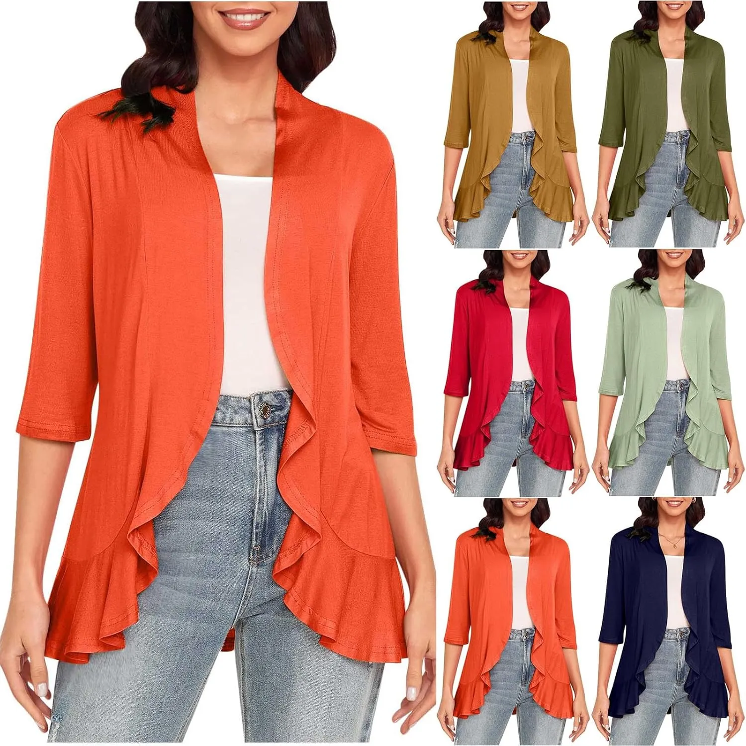 HGps8w 3/4 Sleeve Cardigan for Women Open Front Lightweight Drape Ruffles Irregular Hem Casual Solid Cover Up Going Out Tops