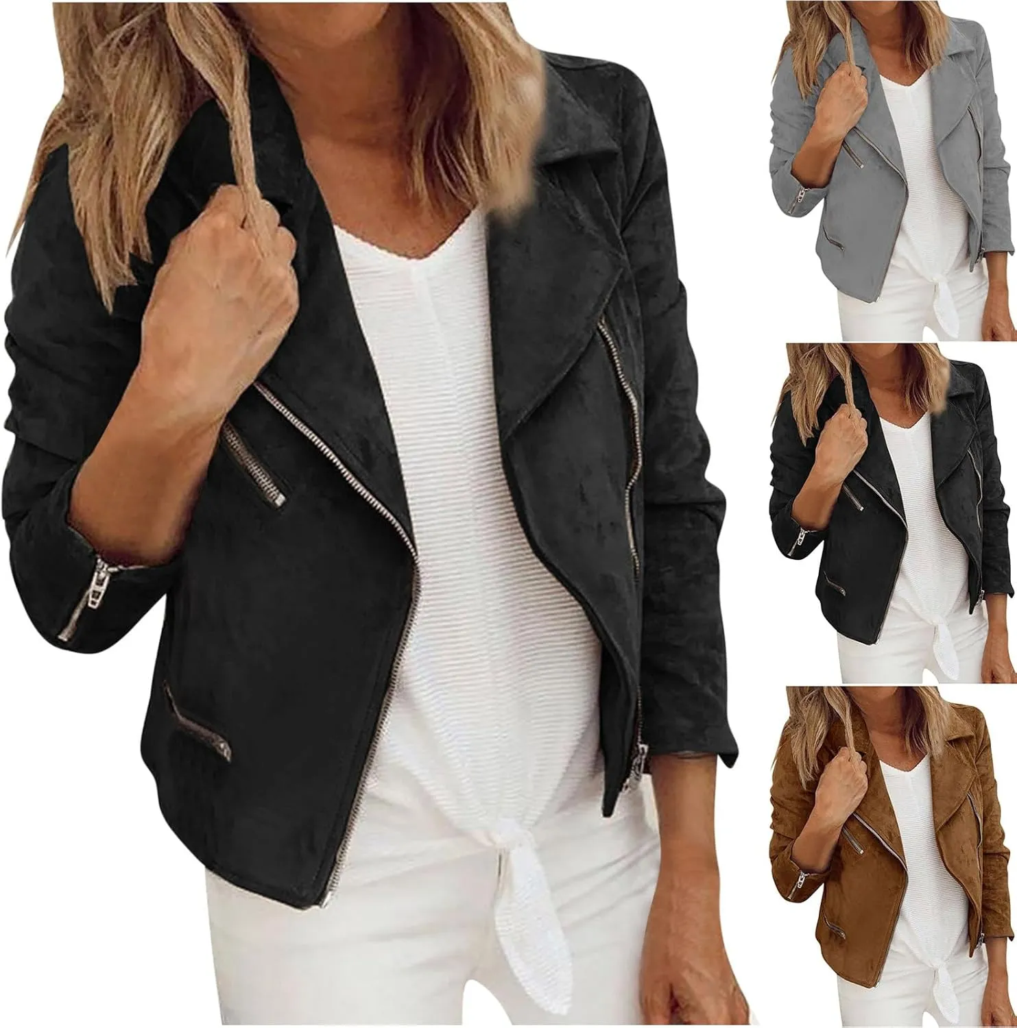 HGps8w Women's Wool Blend Biker Moto Jackets Long Sleeve Open Front Lapel Collar Motorcycle Cropped Coats 2025 Fall Clothes