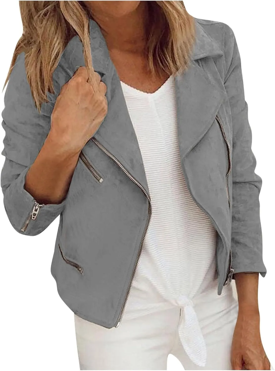 HGps8w Women's Wool Blend Biker Moto Jackets Long Sleeve Open Front Lapel Collar Motorcycle Cropped Coats 2025 Fall Clothes
