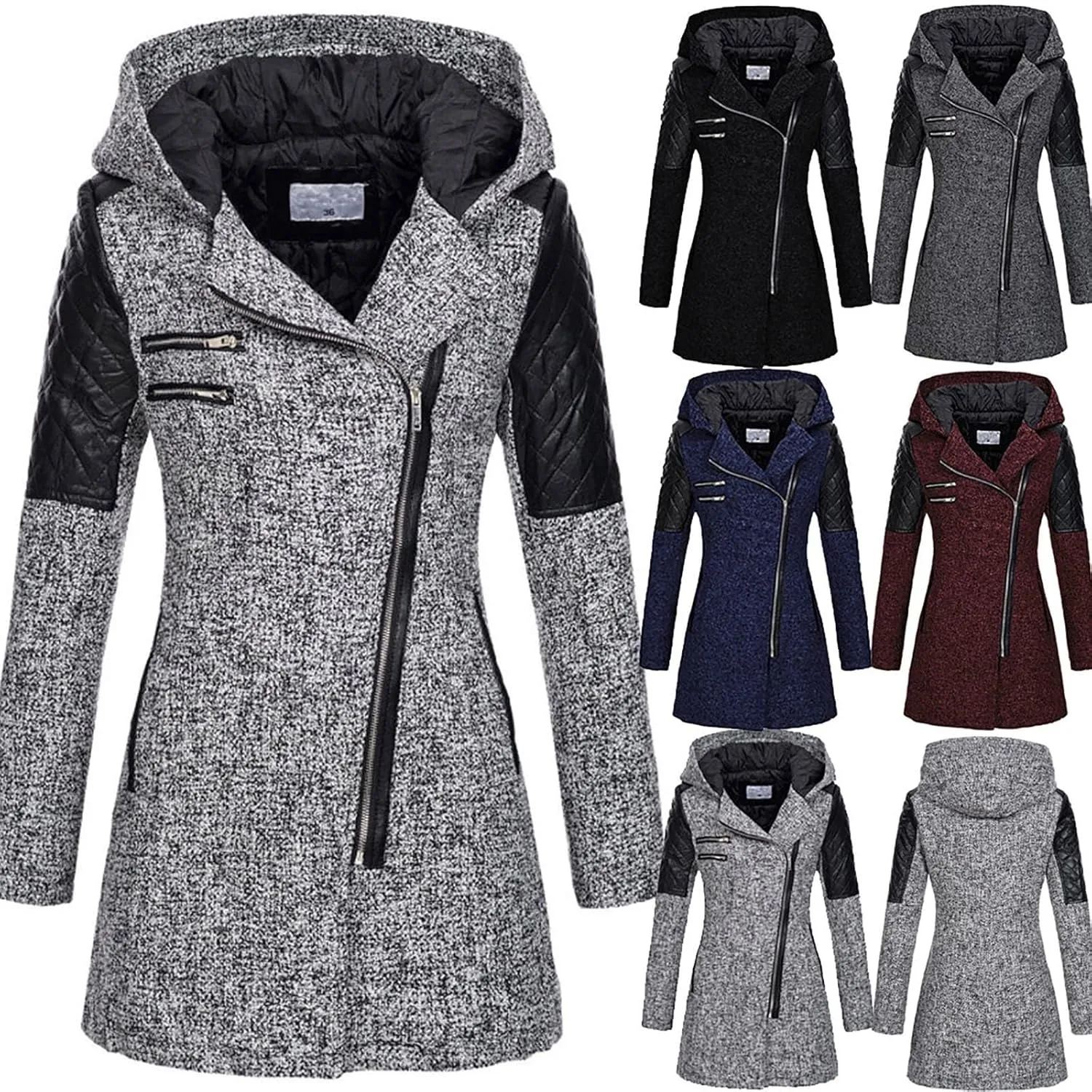 HGps8w Women's Wool Blend Winter Trench Coat Overcoat Leather Patchwork Skew Zip Up Hooded Jacket Plus Size Warm Overcoat