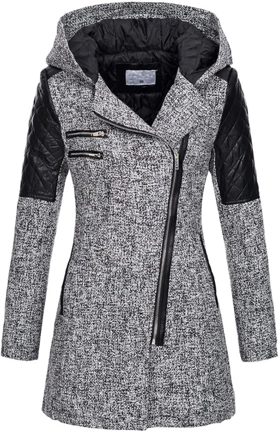 HGps8w Women's Wool Blend Winter Trench Coat Overcoat Leather Patchwork Skew Zip Up Hooded Jacket Plus Size Warm Overcoat