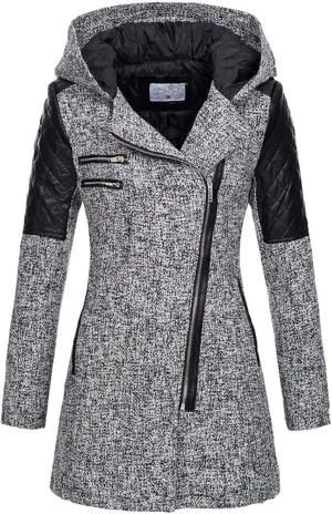 HGps8w Women's Wool Blend Winter Trench Coat Overcoat Leather Patchwork Skew Zip Up Hooded Jacket Plus Size Warm Overcoat