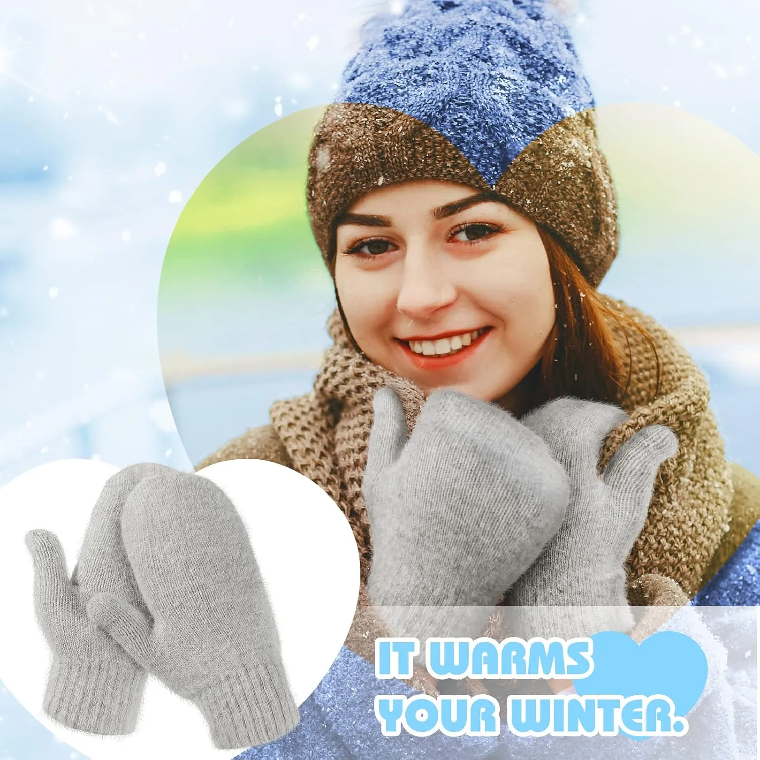 Hicarer Women's Winter Mittens - Knitted Gloves, Warm Fleece & Double Wool