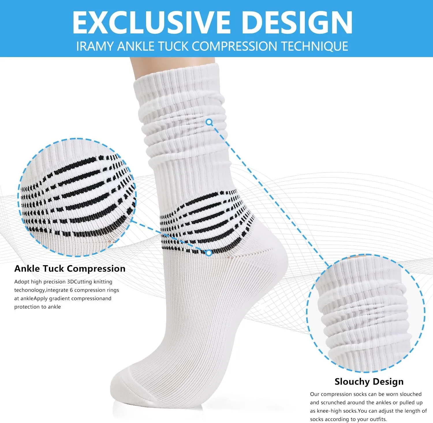 IRAMY Compression Socks for Women Scrunch Ankle Support Coolmax Wicking Running Cushioned Plantar Fasciitis Slouchy Sock