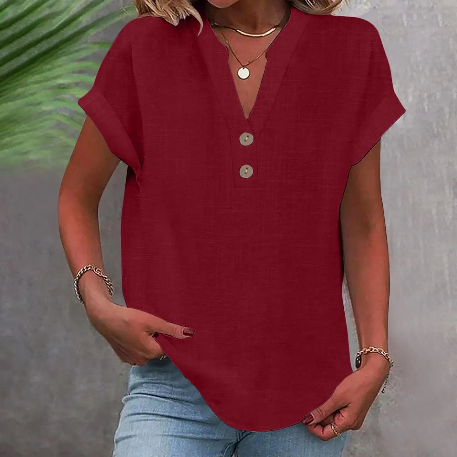 Linen Shirts for Women Summer Button Down Blouses V Neck Short Sleeve T Shirts Comfy Trendy Business Casual Work Tops