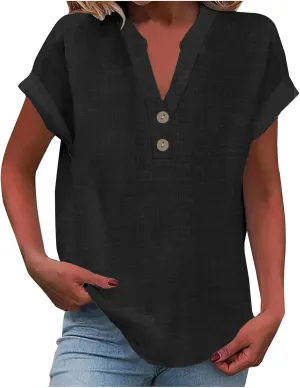 Linen Shirts for Women Summer Button Down Blouses V Neck Short Sleeve T Shirts Comfy Trendy Business Casual Work Tops