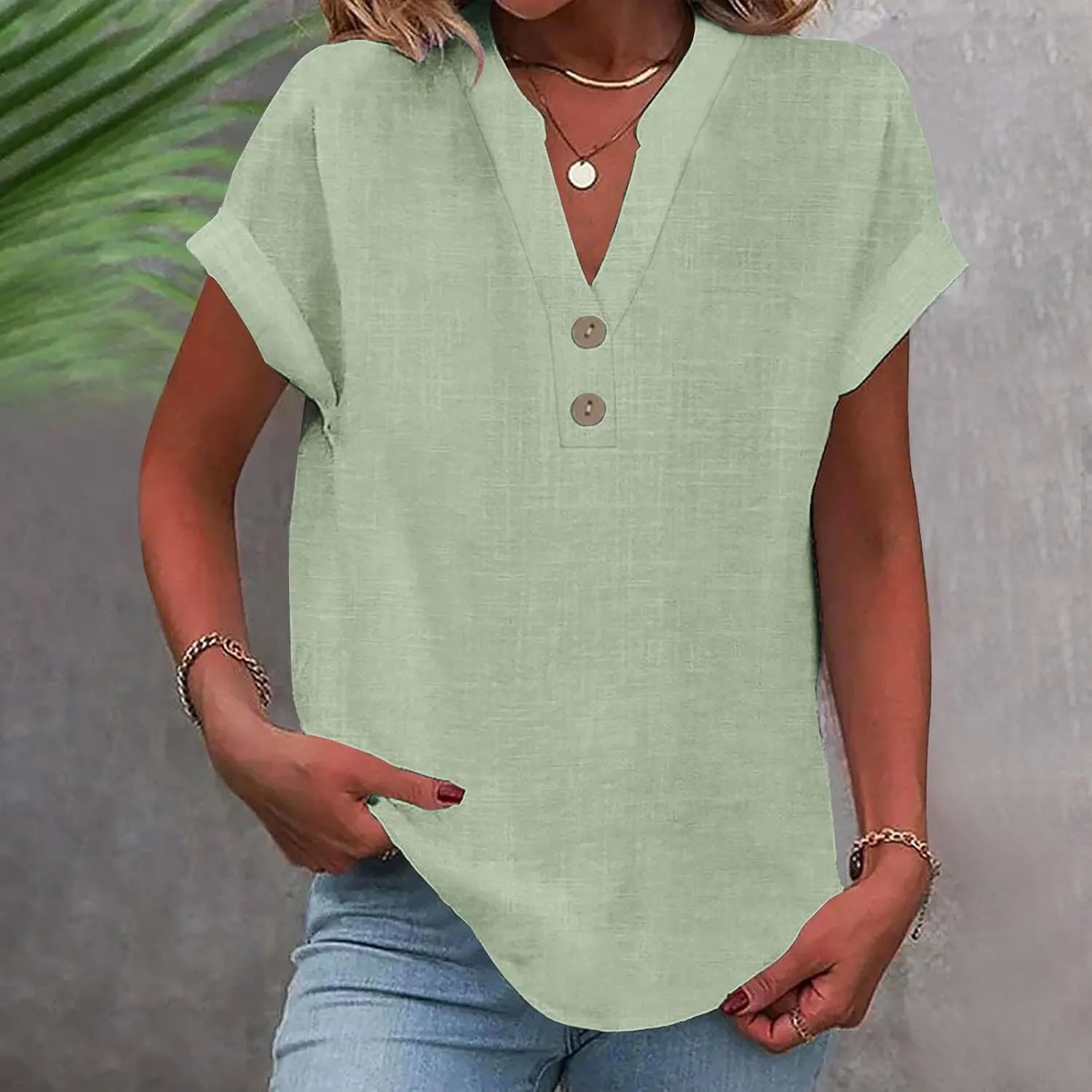 Linen Shirts for Women Summer Button Down Blouses V Neck Short Sleeve T Shirts Comfy Trendy Business Casual Work Tops