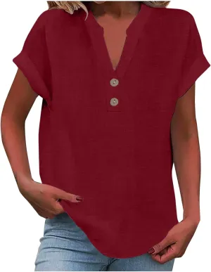 Linen Shirts for Women Summer Button Down Blouses V Neck Short Sleeve T Shirts Comfy Trendy Business Casual Work Tops