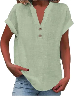 Linen Shirts for Women Summer Button Down Blouses V Neck Short Sleeve T Shirts Comfy Trendy Business Casual Work Tops