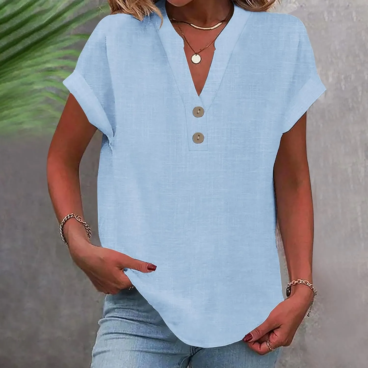 Linen Shirts for Women Summer Button Down Blouses V Neck Short Sleeve T Shirts Comfy Trendy Business Casual Work Tops
