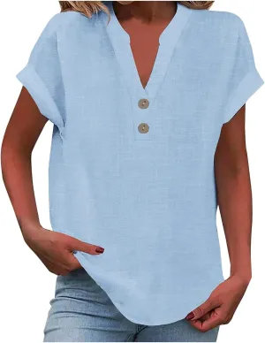 Linen Shirts for Women Summer Button Down Blouses V Neck Short Sleeve T Shirts Comfy Trendy Business Casual Work Tops