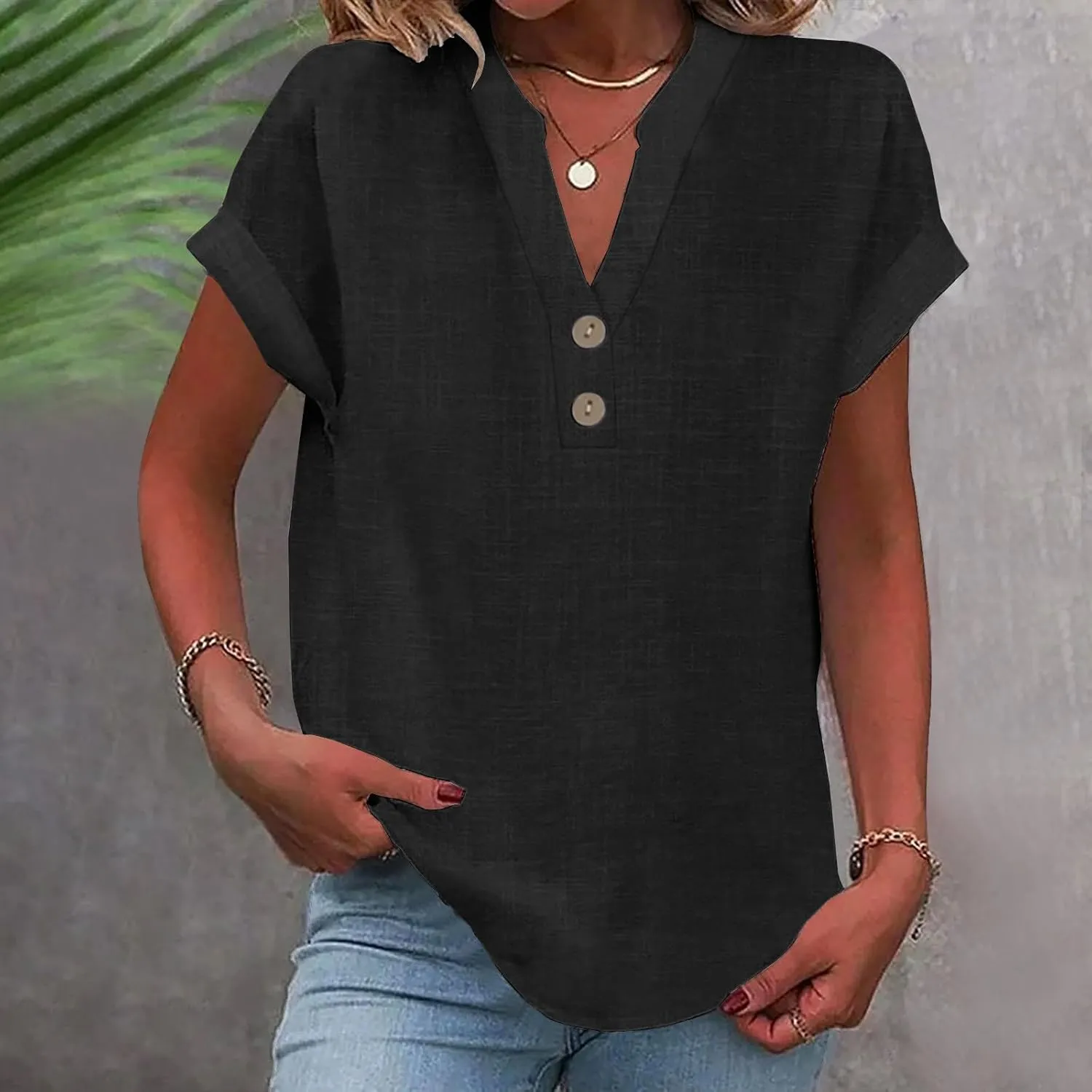 Linen Shirts for Women Summer Button Down Blouses V Neck Short Sleeve T Shirts Comfy Trendy Business Casual Work Tops