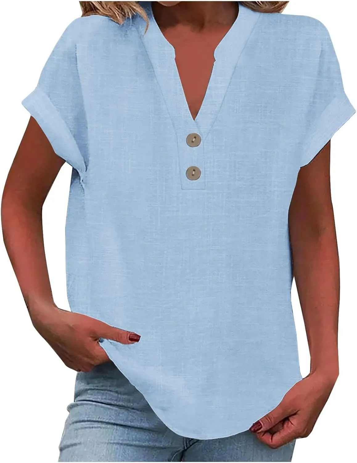 Linen Shirts for Women Summer Button Down Blouses V Neck Short Sleeve T Shirts Comfy Trendy Business Casual Work Tops