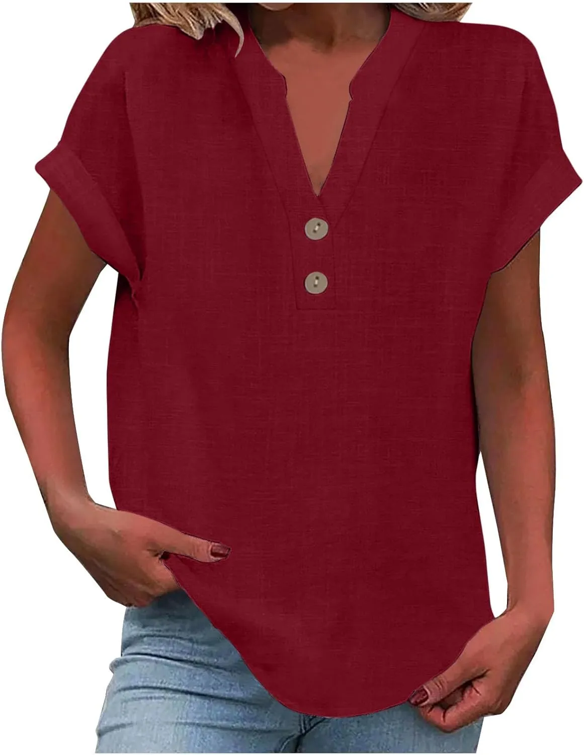 Linen Shirts for Women Summer Button Down Blouses V Neck Short Sleeve T Shirts Comfy Trendy Business Casual Work Tops