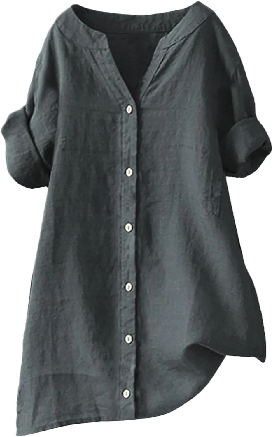 Linen Shirts for Women Womens Tops 3/4 Sleeve Button Down Shirts V Neck Solid Casual Tunic Blouses with Pocket