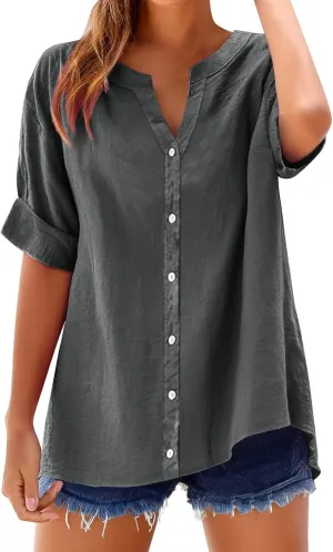 Linen Shirts for Women Womens Tops 3/4 Sleeve Button Down Shirts V Neck Solid Casual Tunic Blouses with Pocket