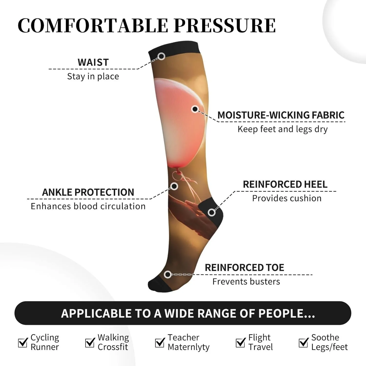 Lovely Hearts Print Circulation Compression Socks For Plantar Fasciitis Edema And Post Surgery
