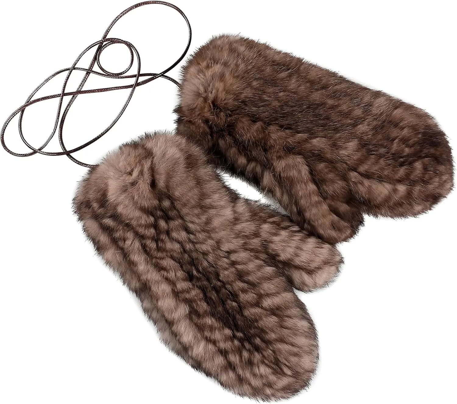 Luxury Women's Genuine Rabbit Fur Knitted Mittens-Soft Winter Cold Weather Gloves-Removable Rope String