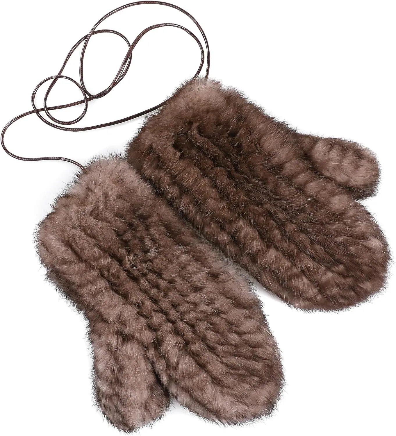 Luxury Women's Genuine Rabbit Fur Knitted Mittens-Soft Winter Cold Weather Gloves-Removable Rope String