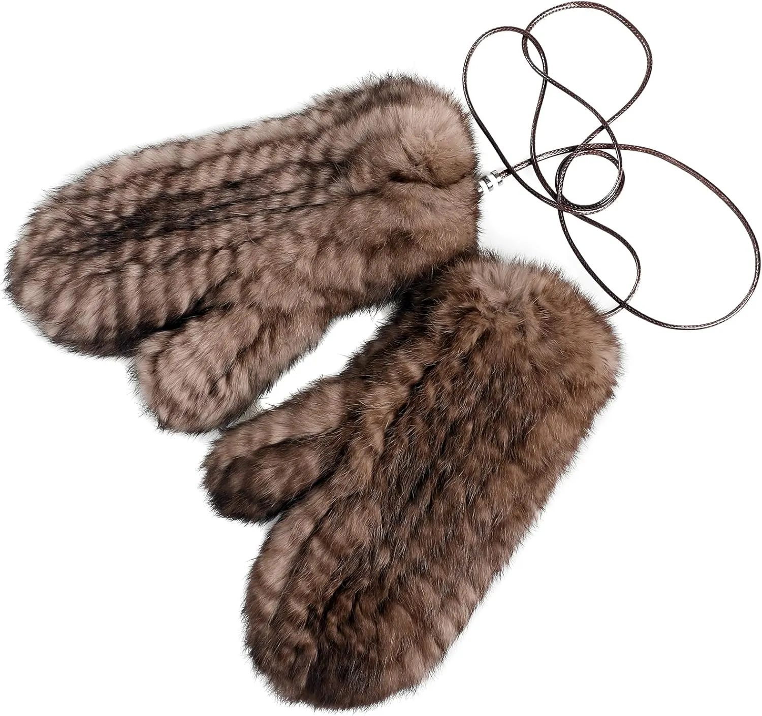 Luxury Women's Genuine Rabbit Fur Knitted Mittens-Soft Winter Cold Weather Gloves-Removable Rope String