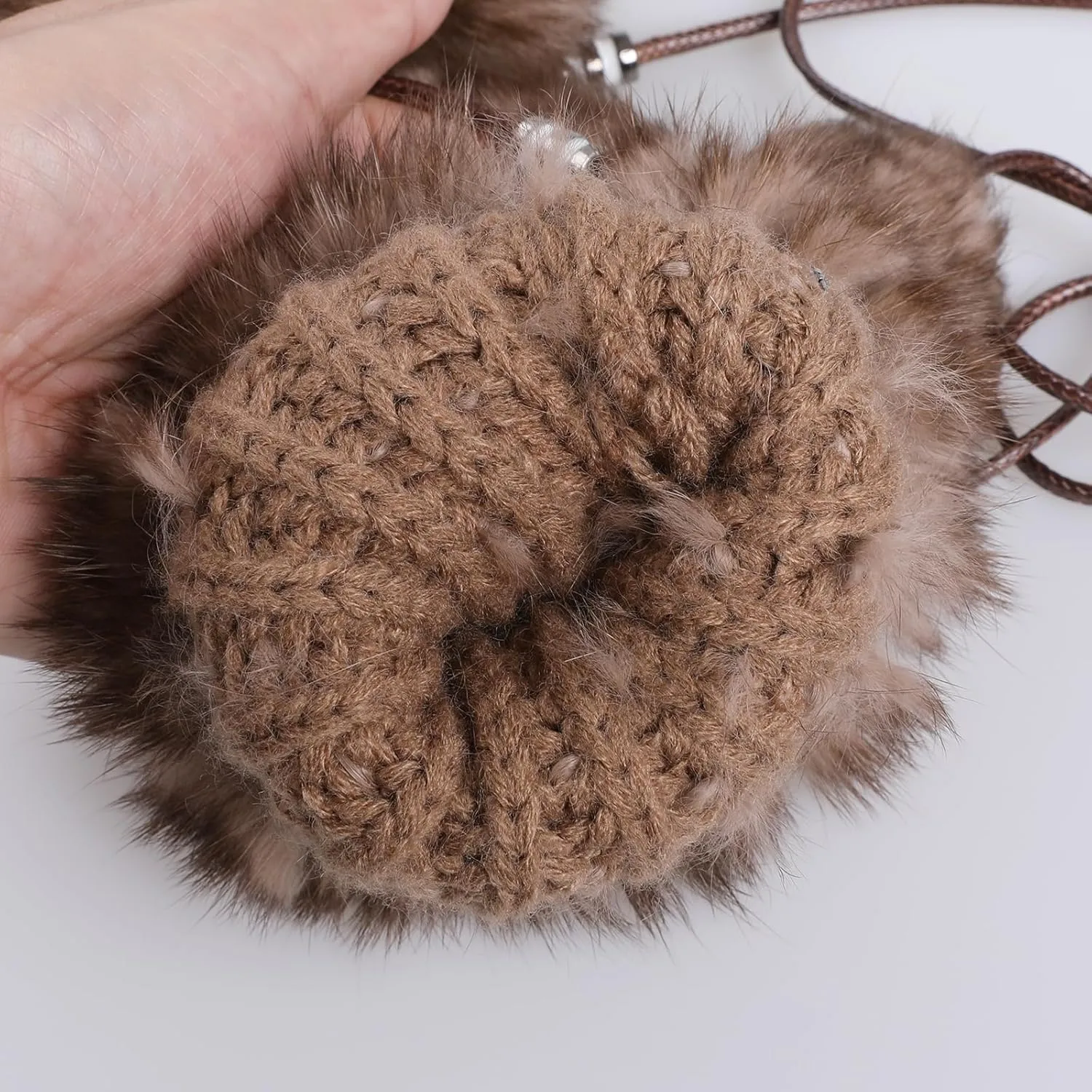 Luxury Women's Genuine Rabbit Fur Knitted Mittens-Soft Winter Cold Weather Gloves-Removable Rope String