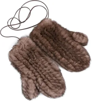 Luxury Women's Genuine Rabbit Fur Knitted Mittens-Soft Winter Cold Weather Gloves-Removable Rope String