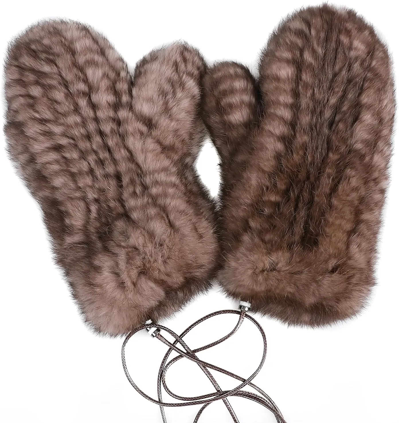 Luxury Women's Genuine Rabbit Fur Knitted Mittens-Soft Winter Cold Weather Gloves-Removable Rope String