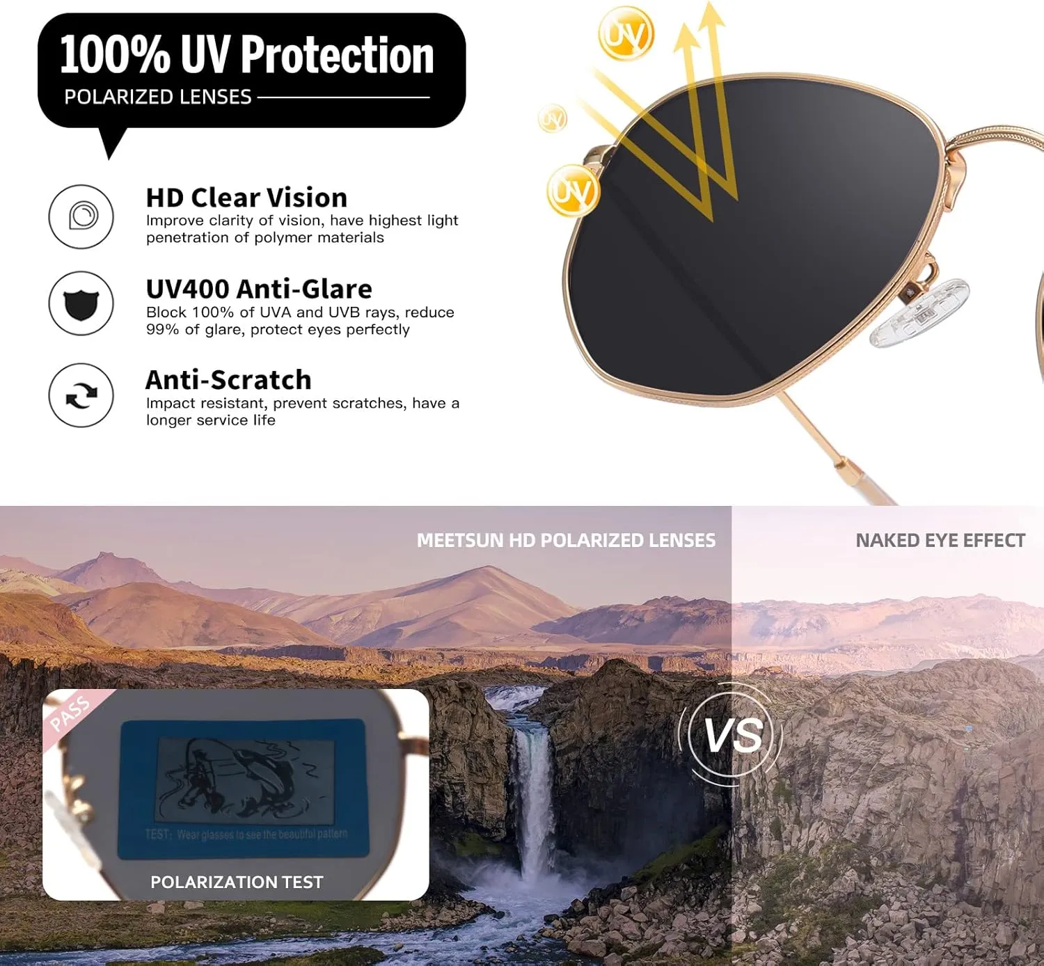 MEETSUN Polarized Hexagon Sunglasses for Women Men Polygon Square Sun Glasses UV400 Protection Metal Frame