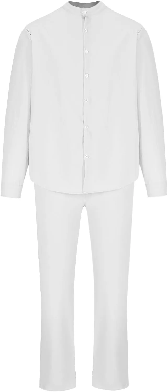 Men Cotton Linen Set Plus Size Long Sleeve Button Shirts Pants 2PC Suit Blouse Top Wide Leg Trouser Summer Outfits