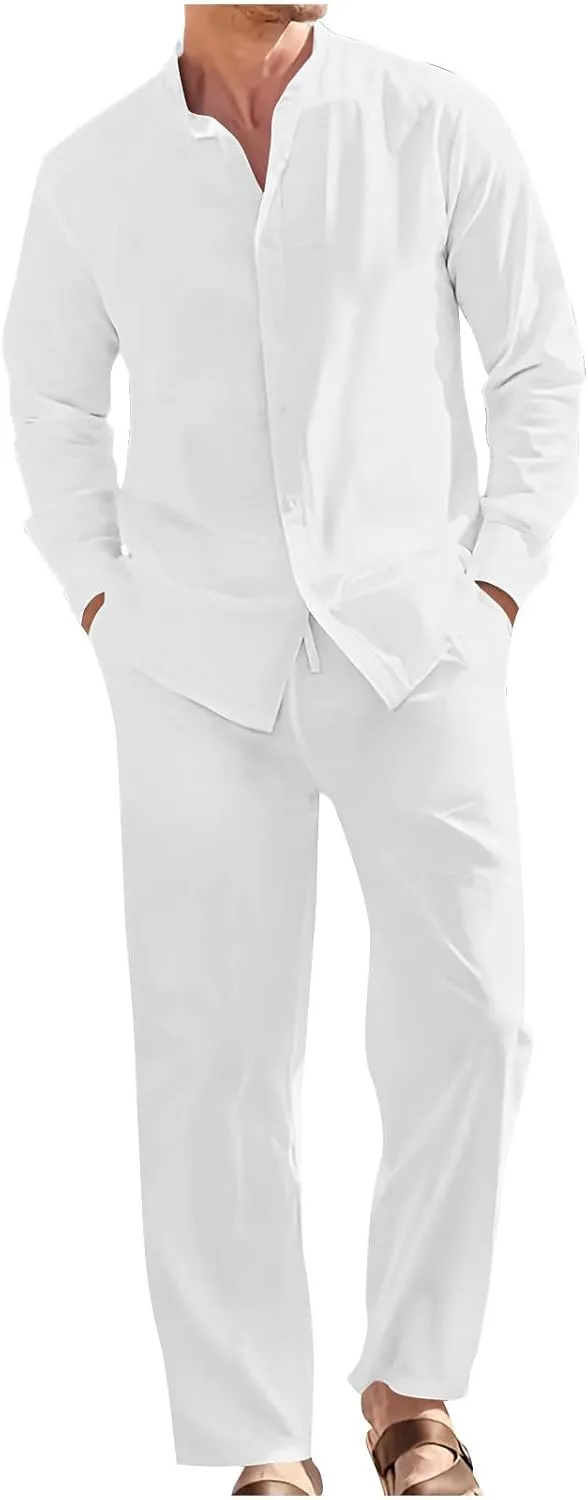 Men Cotton Linen Set Plus Size Long Sleeve Button Shirts Pants 2PC Suit Blouse Top Wide Leg Trouser Summer Outfits