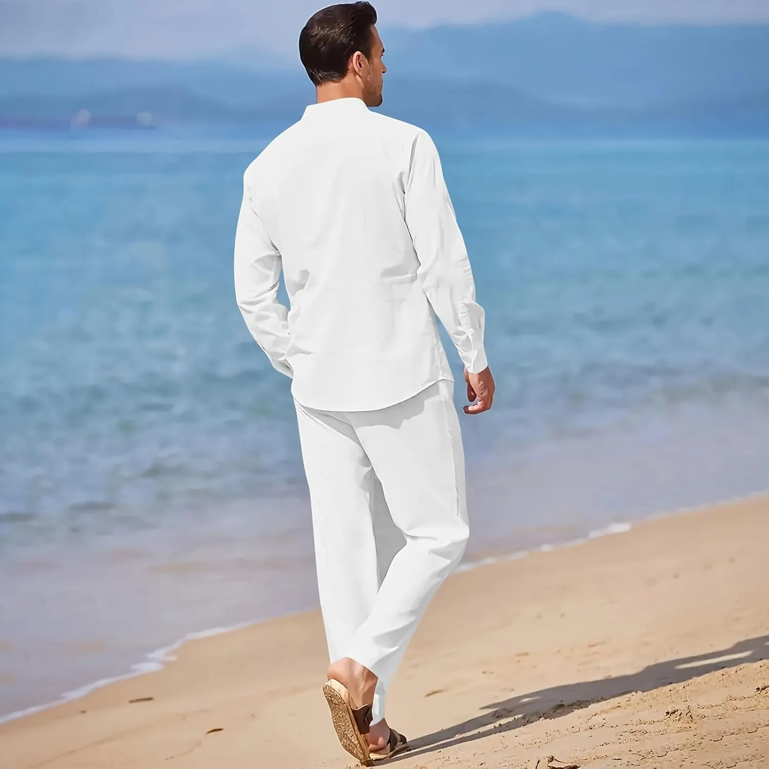 Men Cotton Linen Set Plus Size Long Sleeve Button Shirts Pants 2PC Suit Blouse Top Wide Leg Trouser Summer Outfits