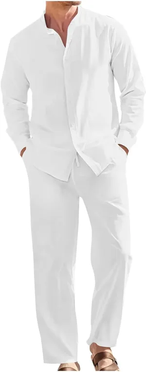 Men Cotton Linen Set Plus Size Long Sleeve Button Shirts Pants 2PC Suit Blouse Top Wide Leg Trouser Summer Outfits