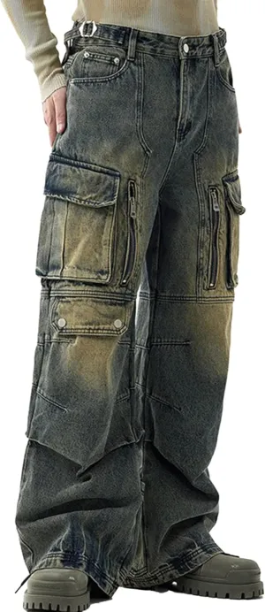 Men's Blue Hip Hop Streetwear Joggers Denim Sweatpants Techwear Vintage Cargo Pants Wide-Leg Multi-Pocket Jeans