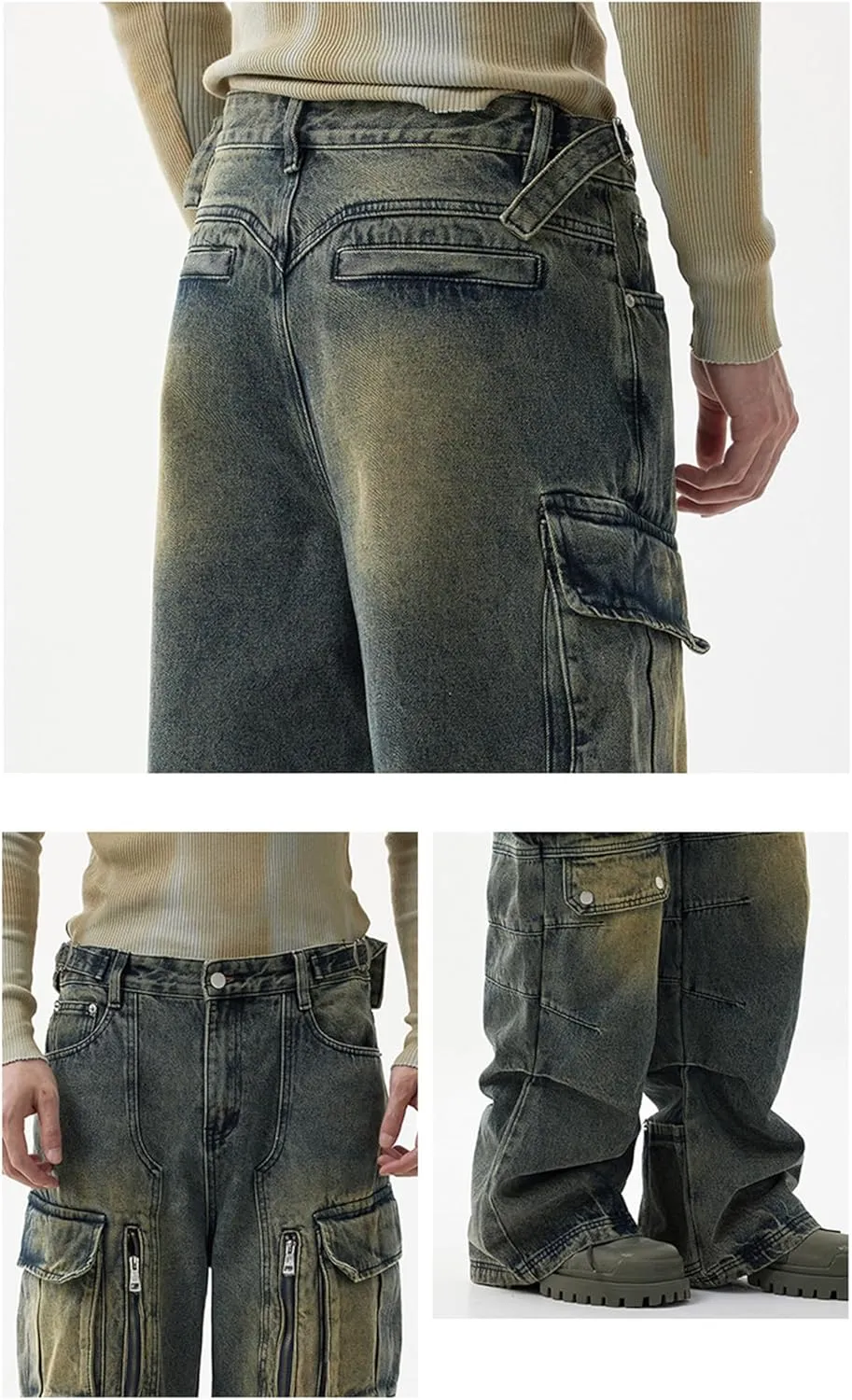 Men's Blue Hip Hop Streetwear Joggers Denim Sweatpants Techwear Vintage Cargo Pants Wide-Leg Multi-Pocket Jeans