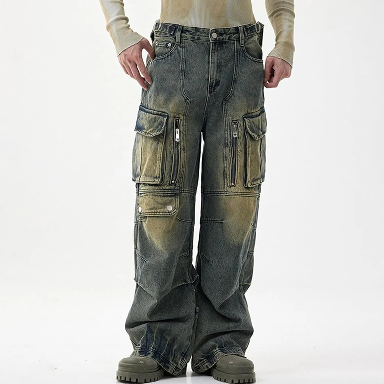Men's Blue Hip Hop Streetwear Joggers Denim Sweatpants Techwear Vintage Cargo Pants Wide-Leg Multi-Pocket Jeans
