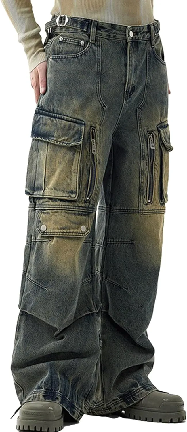 Men's Blue Hip Hop Streetwear Joggers Denim Sweatpants Techwear Vintage Cargo Pants Wide-Leg Multi-Pocket Jeans