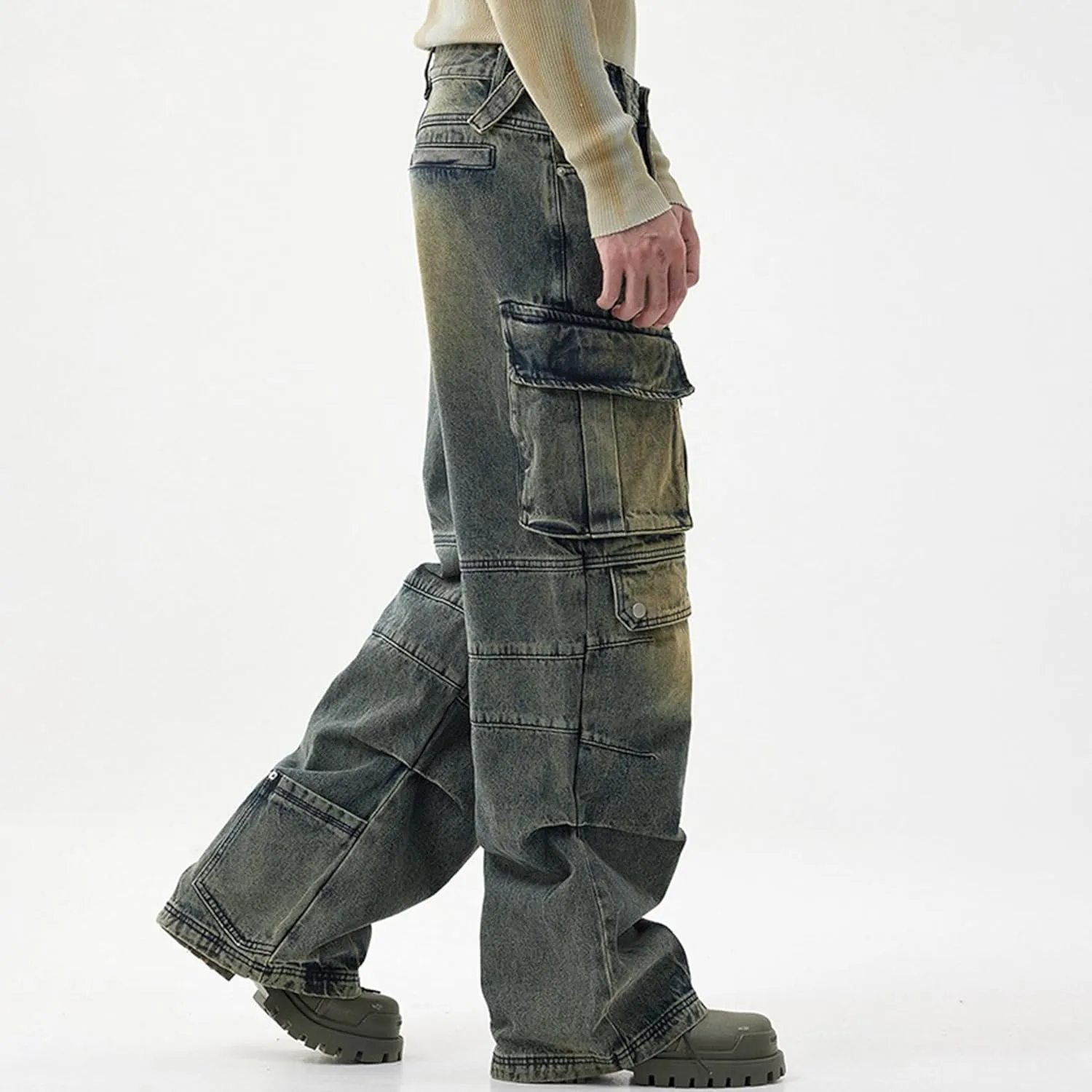 Men's Blue Hip Hop Streetwear Joggers Denim Sweatpants Techwear Vintage Cargo Pants Wide-Leg Multi-Pocket Jeans