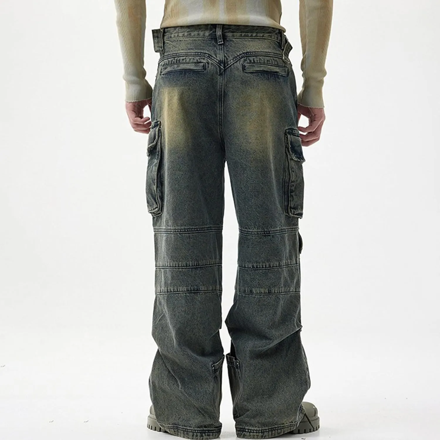 Men's Blue Hip Hop Streetwear Joggers Denim Sweatpants Techwear Vintage Cargo Pants Wide-Leg Multi-Pocket Jeans