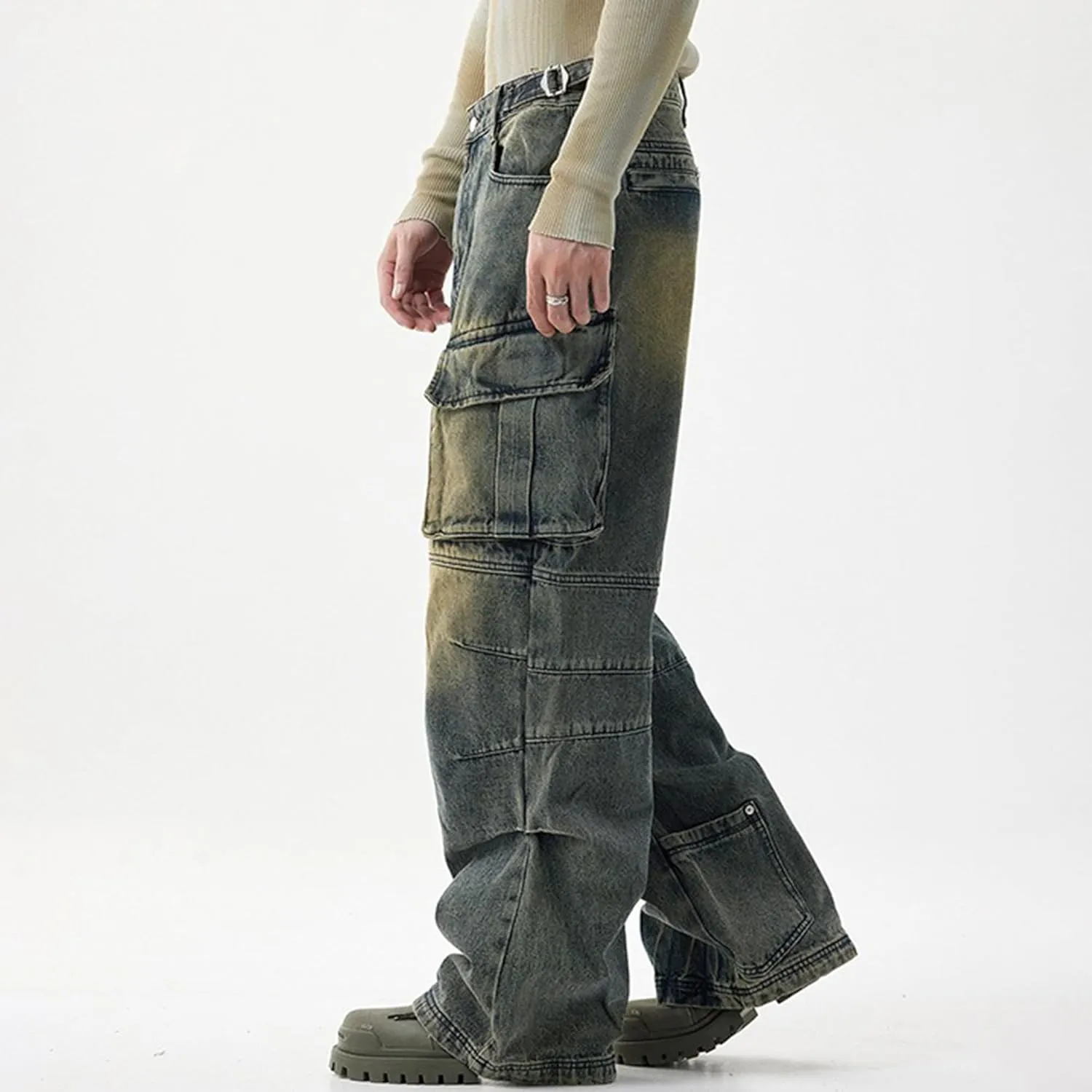 Men's Blue Hip Hop Streetwear Joggers Denim Sweatpants Techwear Vintage Cargo Pants Wide-Leg Multi-Pocket Jeans