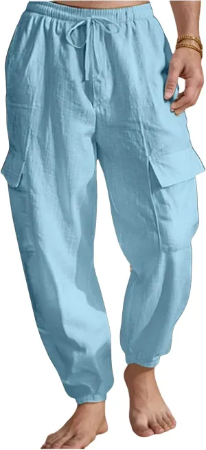 Mens Casual Cargo Pants Summer Elastic Waist Drawstring Pants Relaxed Fit Breathable Yoga Beach Trousers with Pockets