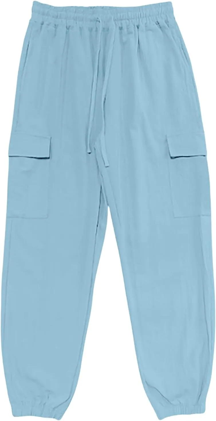 Mens Casual Cargo Pants Summer Elastic Waist Drawstring Pants Relaxed Fit Breathable Yoga Beach Trousers with Pockets