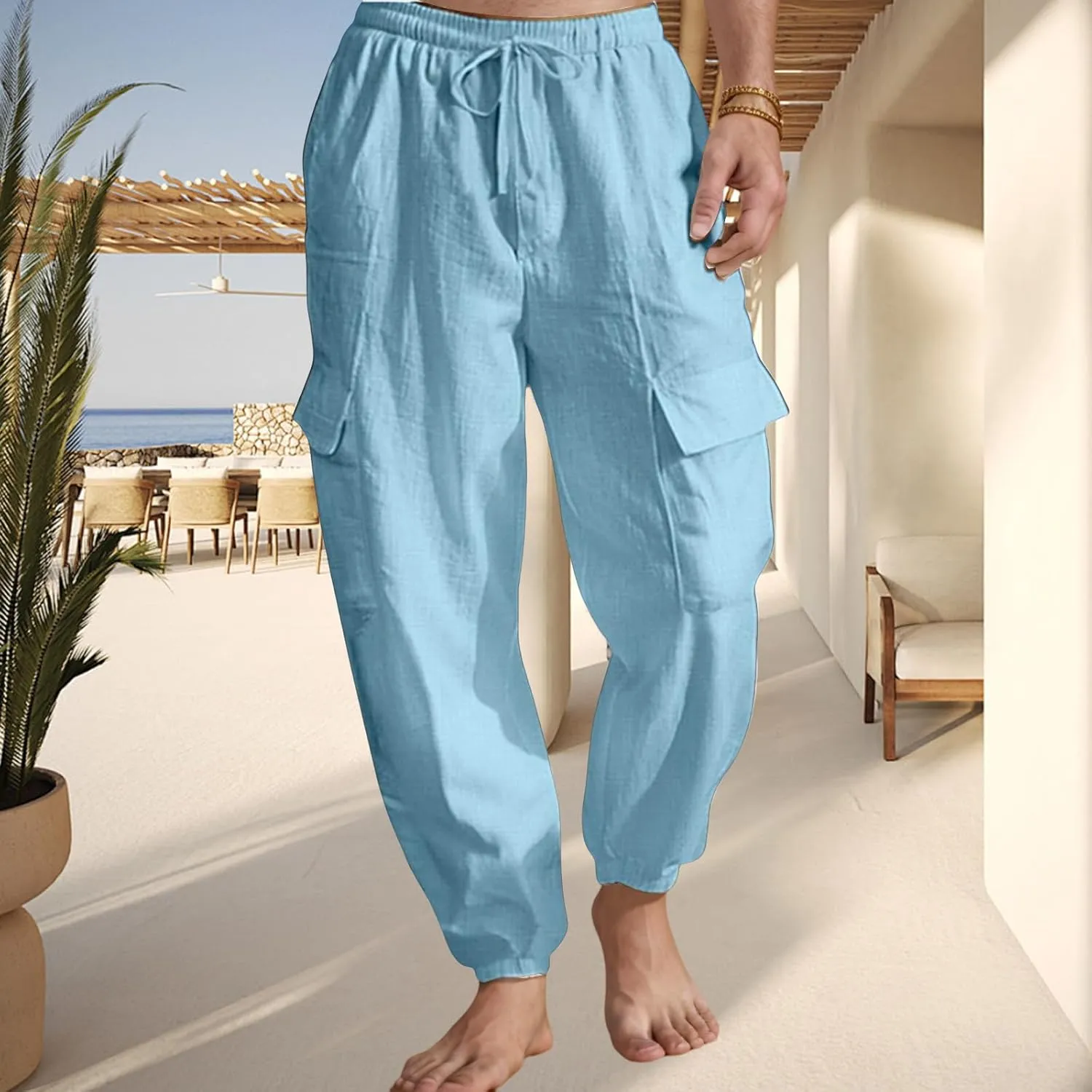 Mens Casual Cargo Pants Summer Elastic Waist Drawstring Pants Relaxed Fit Breathable Yoga Beach Trousers with Pockets