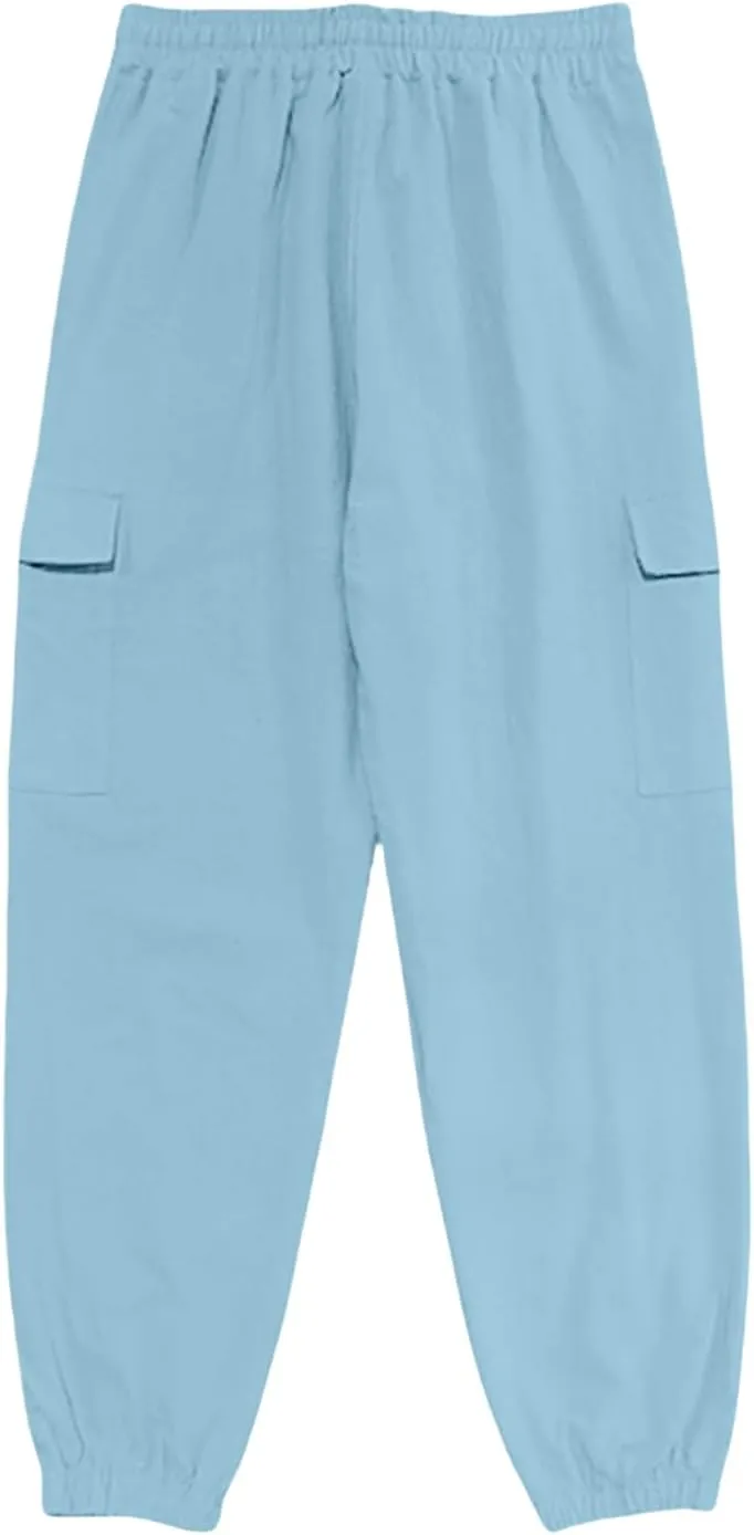 Mens Casual Cargo Pants Summer Elastic Waist Drawstring Pants Relaxed Fit Breathable Yoga Beach Trousers with Pockets