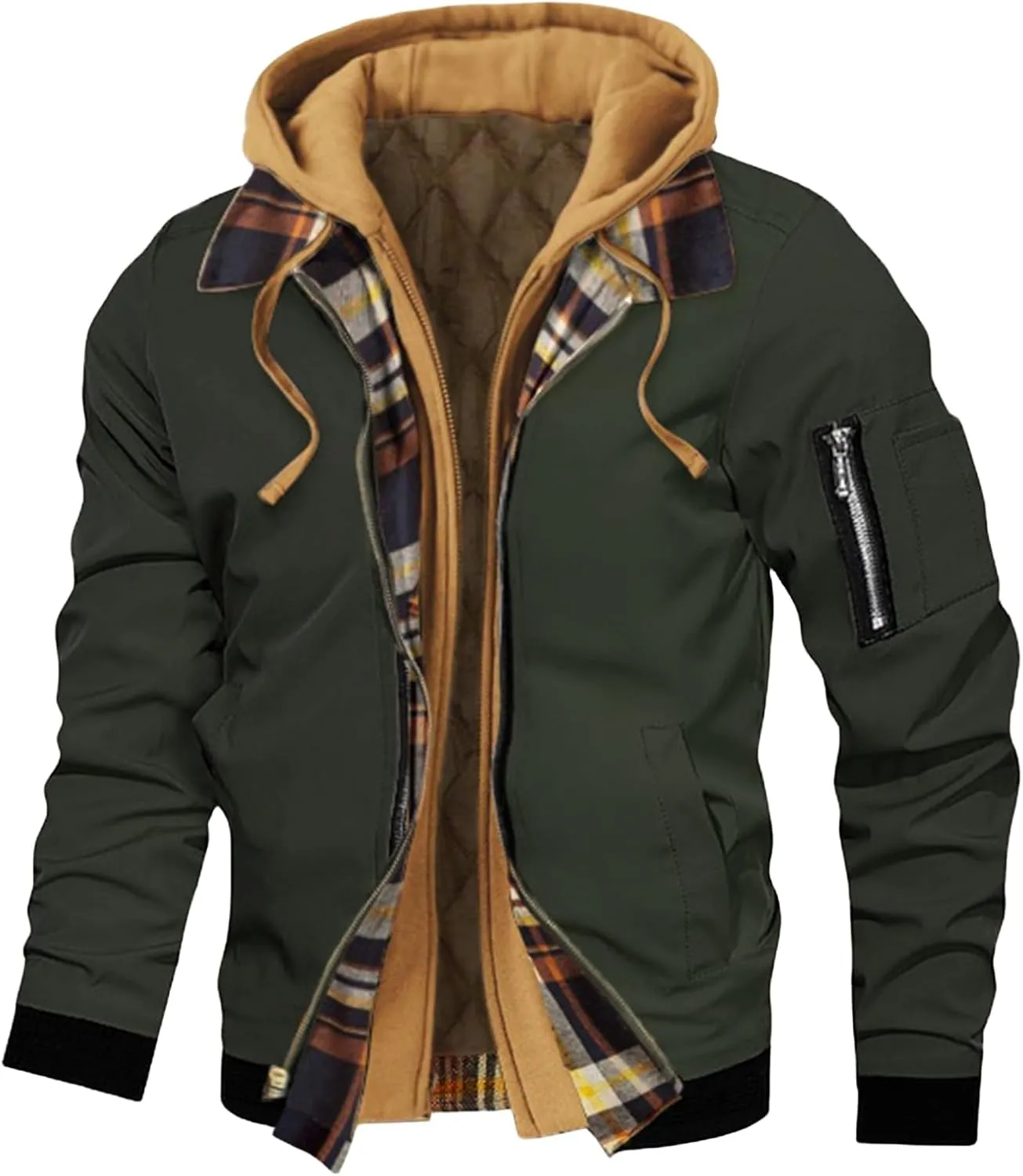 Men's Casual Jacket Hooded Thick Plus Size Solid Color Plaid Zipper Warm Coat Spring Autumn Winter